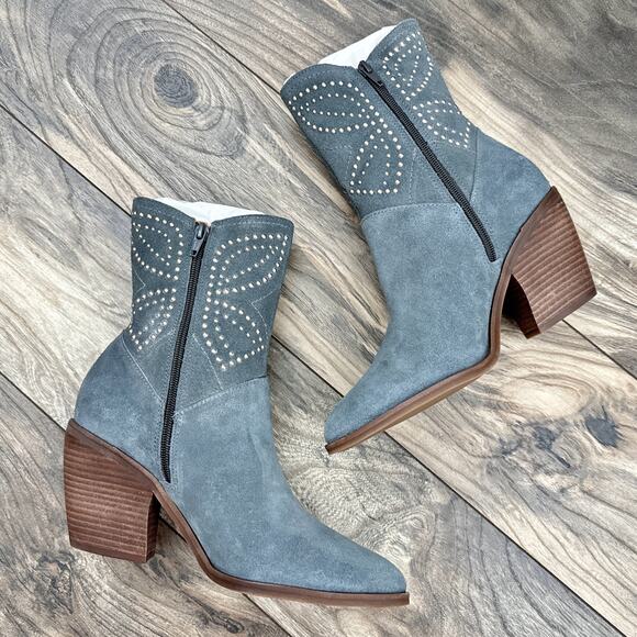 NWOB Lucky Brand Lakelon 8M Suede Cowboy Western Boots Castle Rock Metallic Bead - Picture 2 of 12